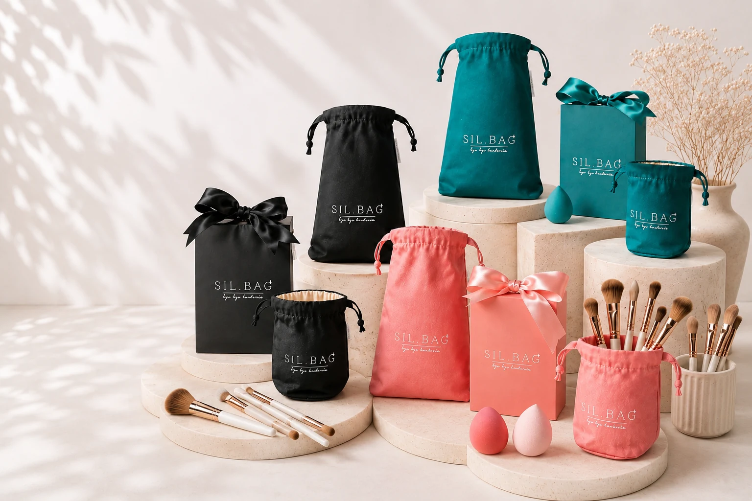 Kolekcja SIL.BAG — woreczki w kolorach Bubble Pink, Lagoon Glow i Black Velvet